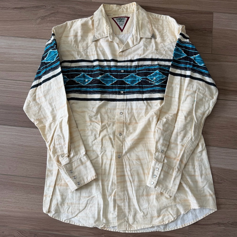 Vintage 80’s Cowboy Western Aztec Pearl Snap Dress Shirt